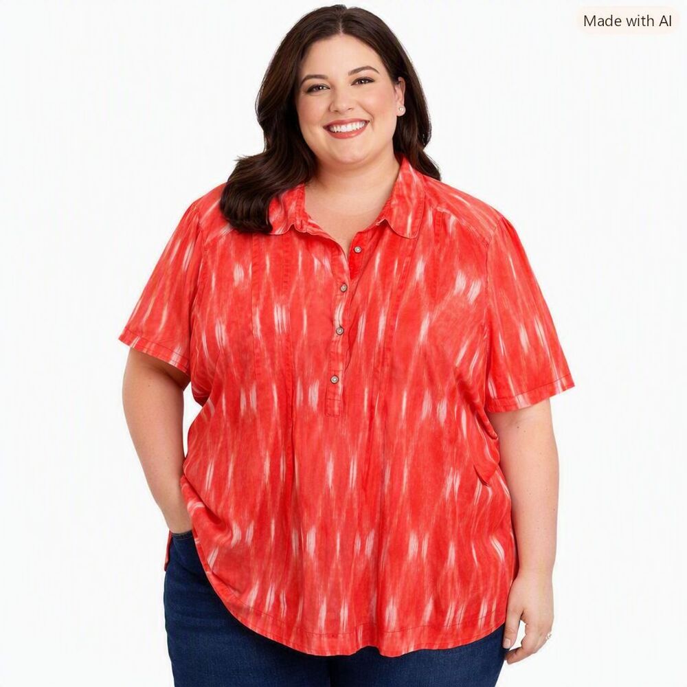 Talbots Shirt Plus Size 3X Coral and White Geometric Print Henley Cotton Breezy!
